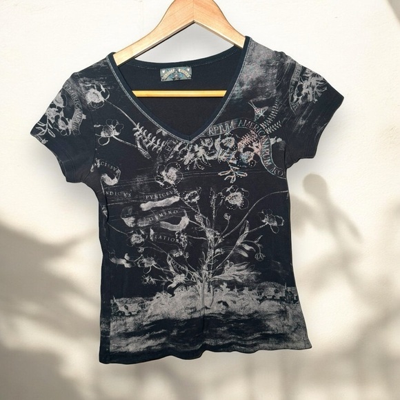 Vintage Y2K v neck tee shirt glam M punk goth botanical - Picture 1 of 6